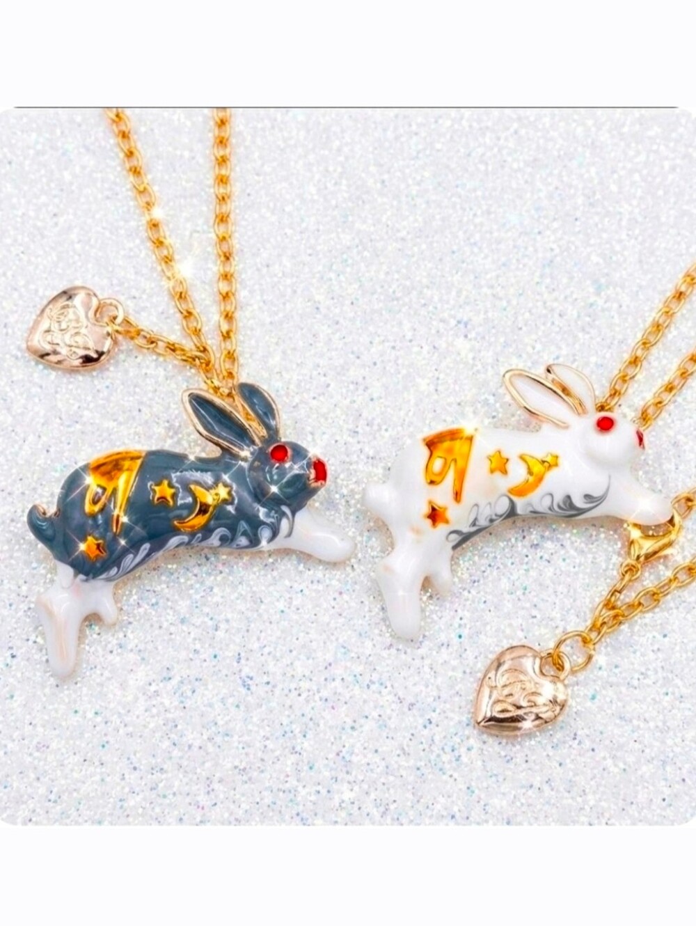 Set of 2 18K gold plated White Rabbit star moon necklace/brooch
